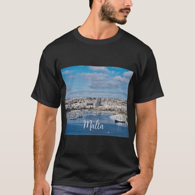 Camiseta Porto de Sliema com edifícios modernos e barcos (Frente)