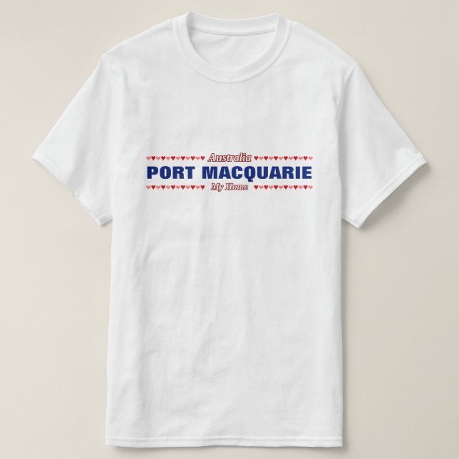 Camiseta PORTO MACQUARIE - Minha casa - Austrália; Corações (Frente do Design)