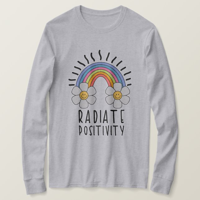 Camiseta Positividade radiada | Arco-Íris e flores colorida (Frente do Design)