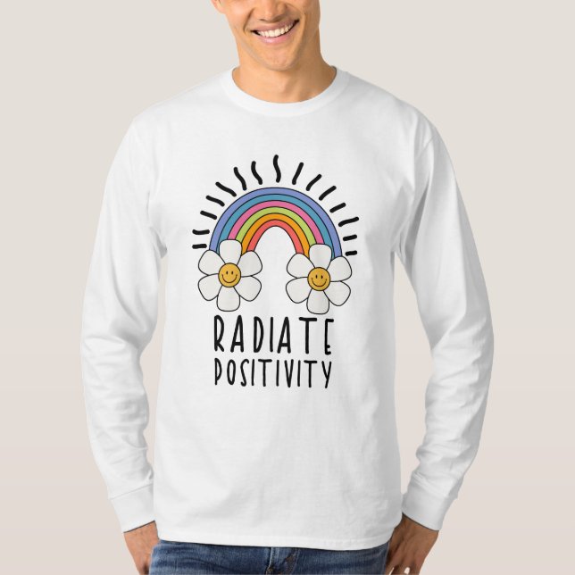 Camiseta Positividade radiada | Arco-Íris e flores colorida (Frente)