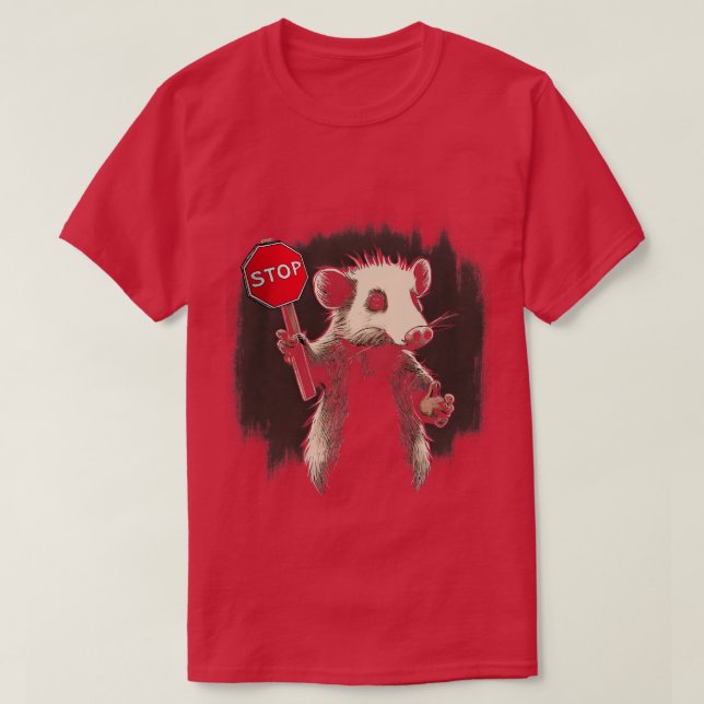 Camiseta Possum Stop Ogambm Segurando um Sinal de Parada (Frente do Design)