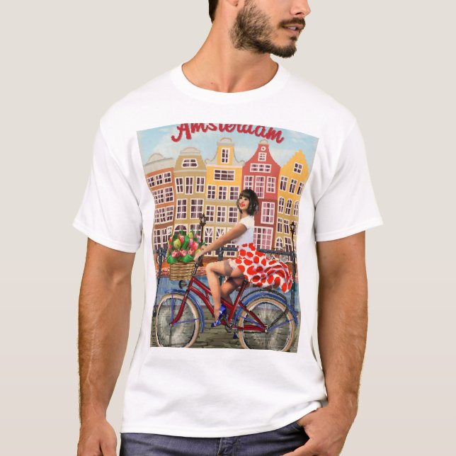 Camiseta Poster de Amsterdã: Batida-Pino Menina A Bicicleta (Frente)
