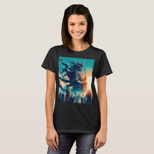 Camiseta poster de cavaleiro com espada na mão (Frente Completa)