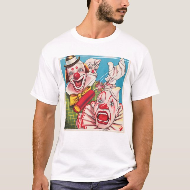 Camiseta Poster de Circo Mostrando Rostos De Palhaço E Cach (Frente)