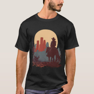 Camiseta Pôster de garota caubói, silhueta da cidade, lua d