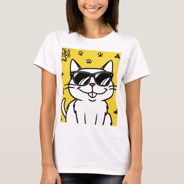 Camiseta Poster de Gato Engraçado, Gato de Cartoon vestindo (Frente)