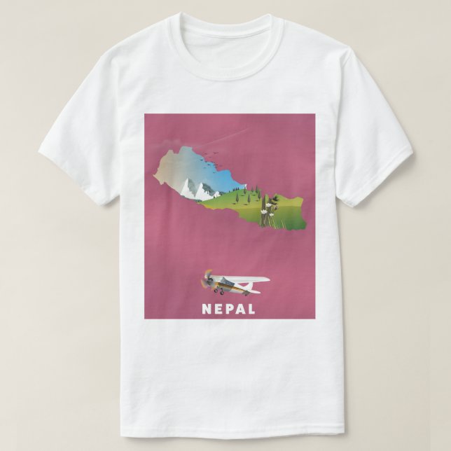Camiseta Poster de mapa ilustrado do Nepal (Frente do Design)