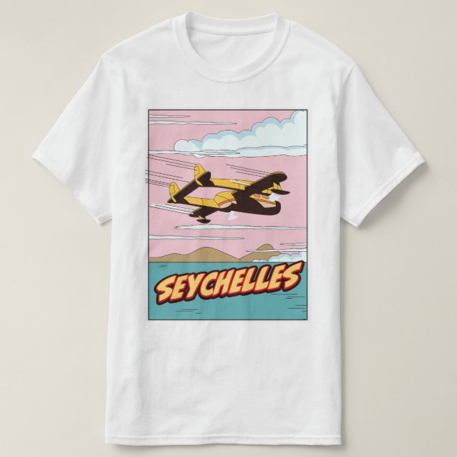 Camiseta Poster de viagens de Cartoon das Seicheles. (Frente do Design)
