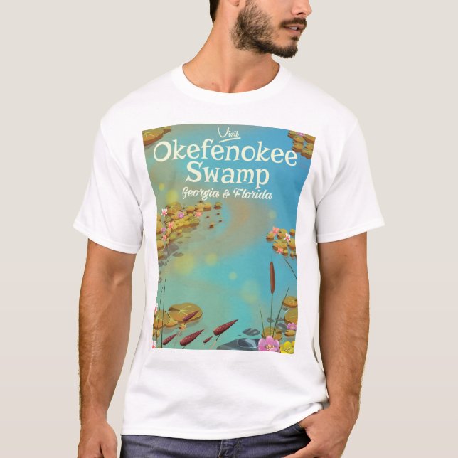 Camiseta Poster de viagens de desenho do Okefenokee Swamp (Frente)
