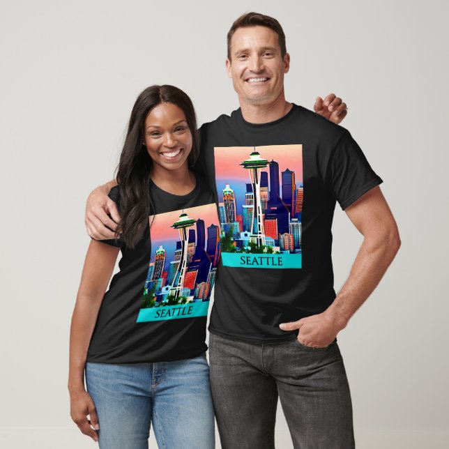 Camiseta Poster de viagens de Seattle no céu amanhecer (Unissex)