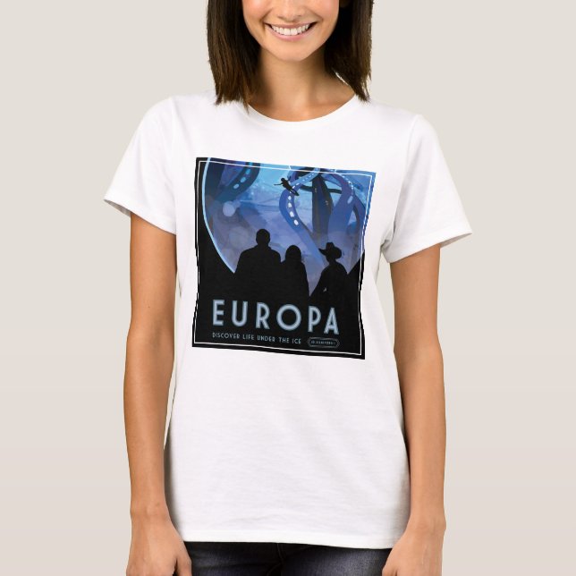 Camiseta Poster de viagens Espacial Retroativo - Lua Europa (Frente)