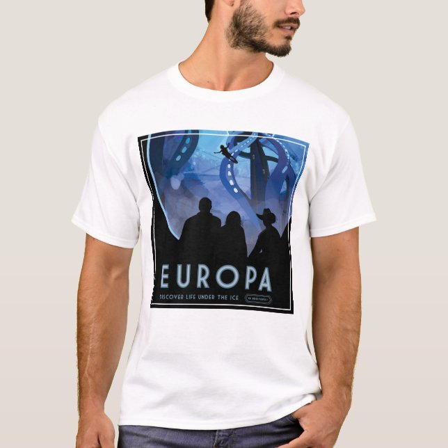 Camiseta Poster de viagens Espacial Retroativo - Lua Europa (Frente)