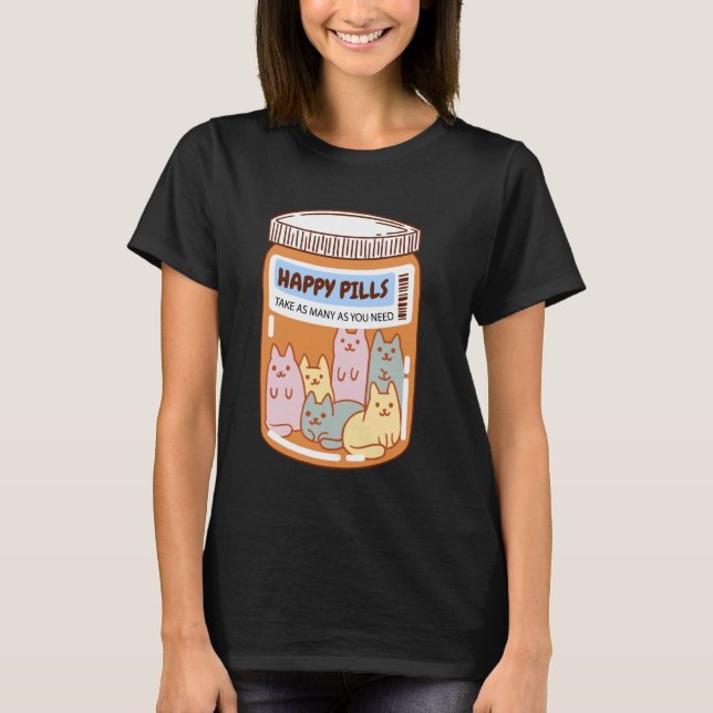 Camiseta Pote de Pílulas Felizes Cheio de Gatos Fofos (Frente)