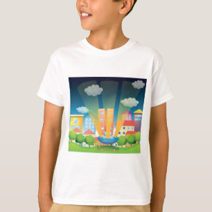 Camiseta Pouso de OVNI em uma Cena Noturna de Cidade Brilha