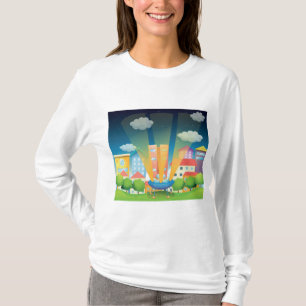 Camiseta Pouso de OVNI em uma Cena Noturna de Cidade Brilha
