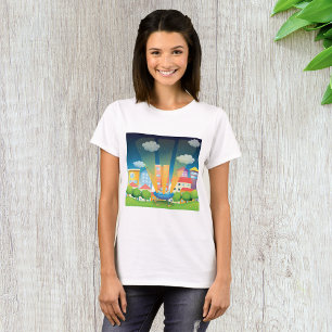 Camiseta Pouso de OVNI em uma Cena Noturna de Cidade Brilha