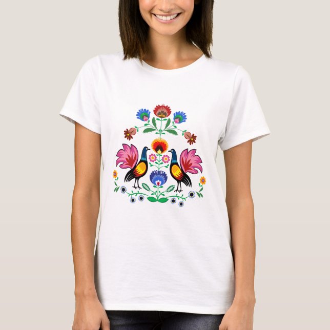 Camiseta Povos poloneses com Foral decorativo & galos (Frente)