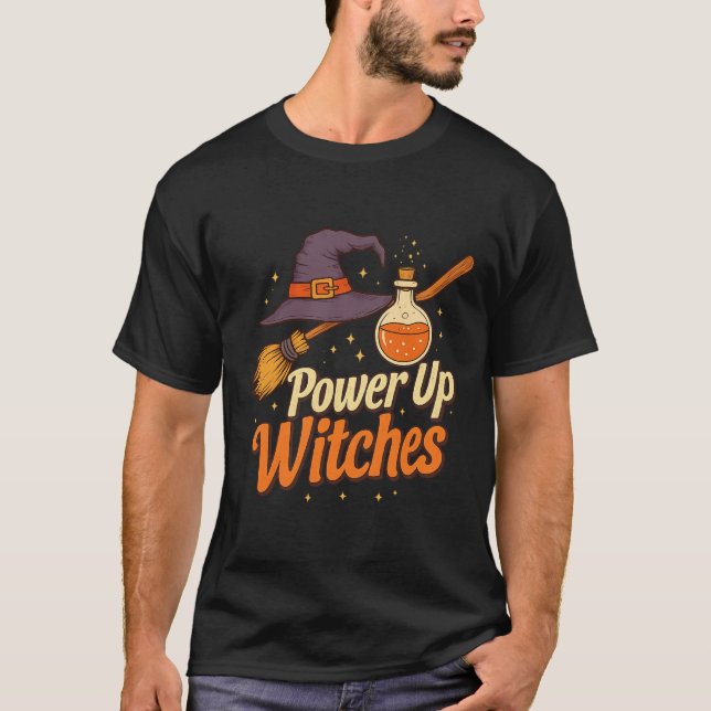 Camiseta Power Up Witches - Retro Halloween Magic Design (Frente)
