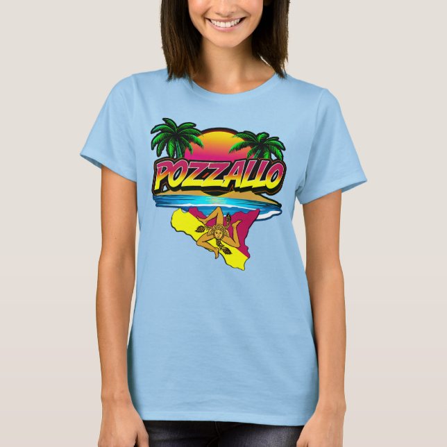 Camiseta Pozzallo Sicilia Sunset com T-Shirt Palms (Frente)