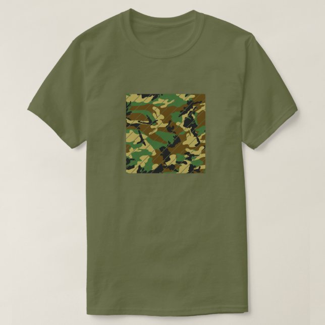 Camiseta Praça de Padrões de Camo Woodland em fatias (Frente do Design)