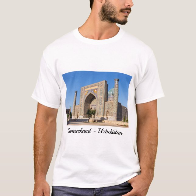 Camiseta Praça Registan ao pôr do sol - Samarkand, Usbequis (Frente)