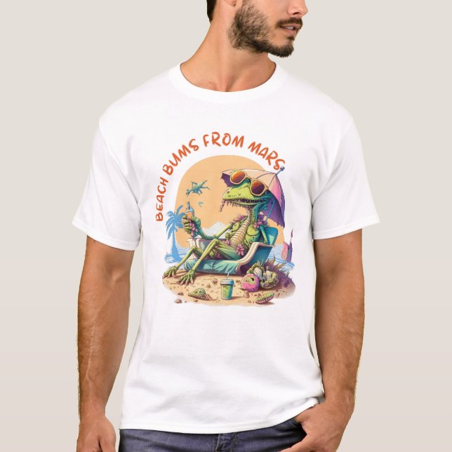 Camiseta Praia Bums de Marte. T-shirt de alienígena (Frente)