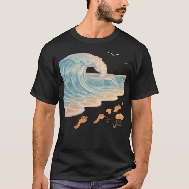 Camiseta Praia de Vidro Líquido com Pegadas Florais (Frente)