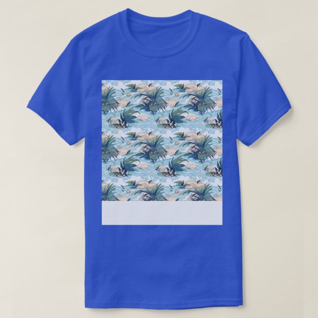 Camiseta Praia Padrão Sem Costura Árvore de Verão Ondas de  (Frente do Design)
