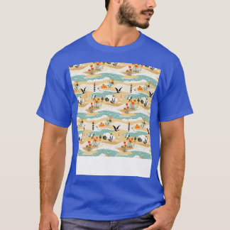 Camiseta Praia Padrão Sem Costura Árvore de Verão Ondas de