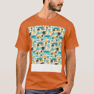 Camiseta Praia Padrão Sem Costura Árvore de Verão Ondas de