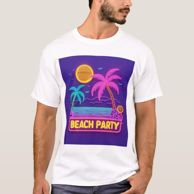 Camiseta Praia Party Neon - Retro Sunset & Palms Tee (Frente)