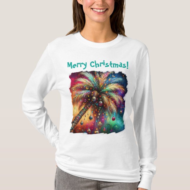 Camiseta Praia Tropical de Palma de Natal Whimsso (Frente)