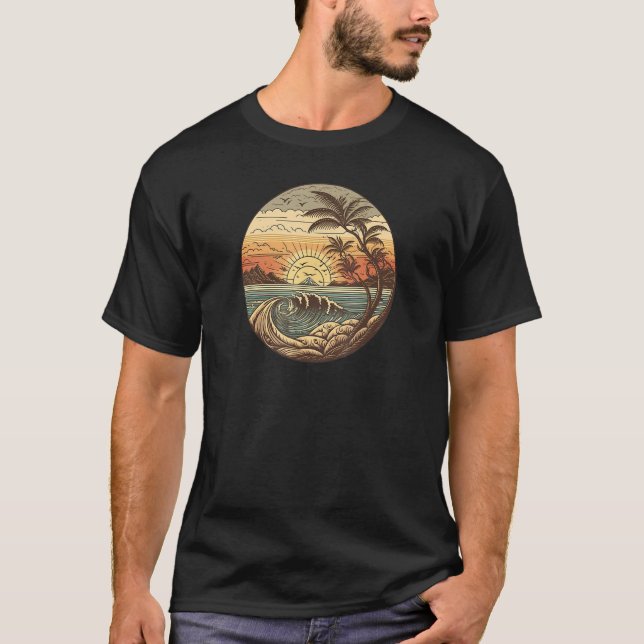 Camiseta Praia Wave Retro Palmen Sonne Retro Stil Wellen Sy (Frente)