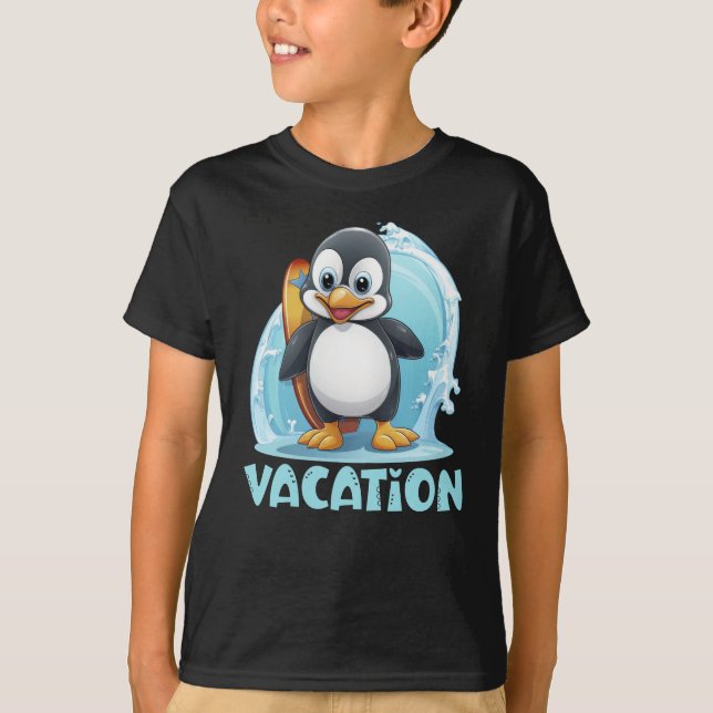 Camiseta Prancha de Surf do Pinguim de Férias (Frente)