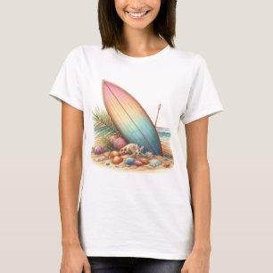 CAMISETA PRANCHA DE SURFE E FLORES NA PRAIA COM EFEITO OMBR