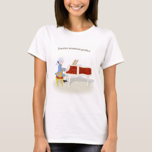 Camiseta "Prática Mantém Perfeito" Mozart Tocando Piano