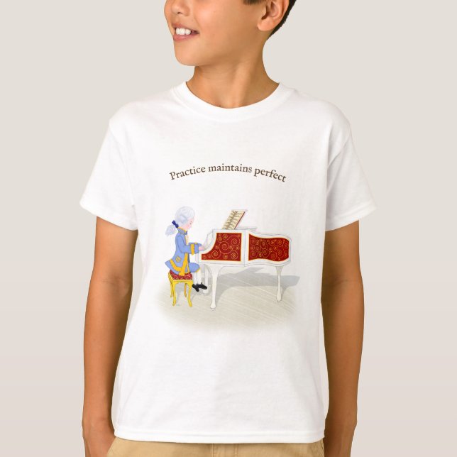 Camiseta "Prática Mantém Perfeito" Mozart Tocando Piano (Frente)