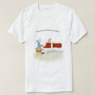 Camiseta "Prática Mantém Perfeito" Mozart Tocando Piano