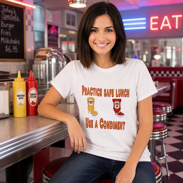 Camiseta Pratique Almoço Seguro – Use um Condimento Engraça (Criador carregado)