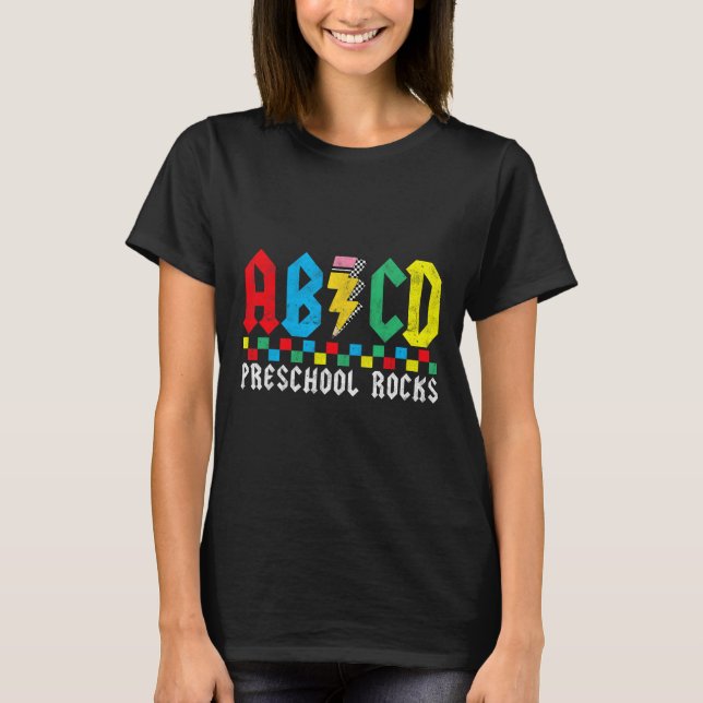 Camiseta Pré-escola Abcd Roca Primeiro Dia Professora Pré-k (Frente)