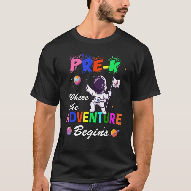 Camiseta Pré-K Adventure Começa Professores da Pré-escola n (Frente)