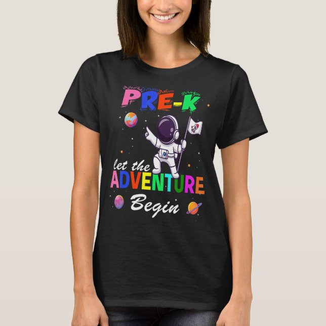 Camiseta Pré-K Adventure Começa Professores da Pré-escola n (Frente)
