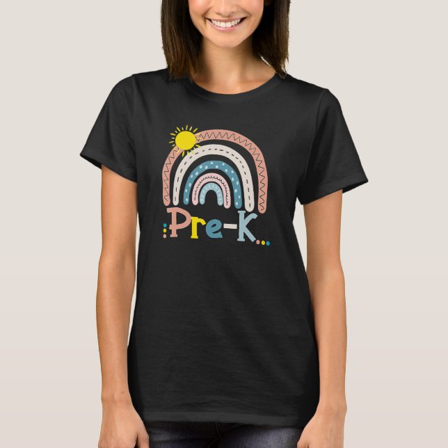 Camiseta Pré-K Boho Arco-Íris Professor Feliz Primeiro Dia (Frente)
