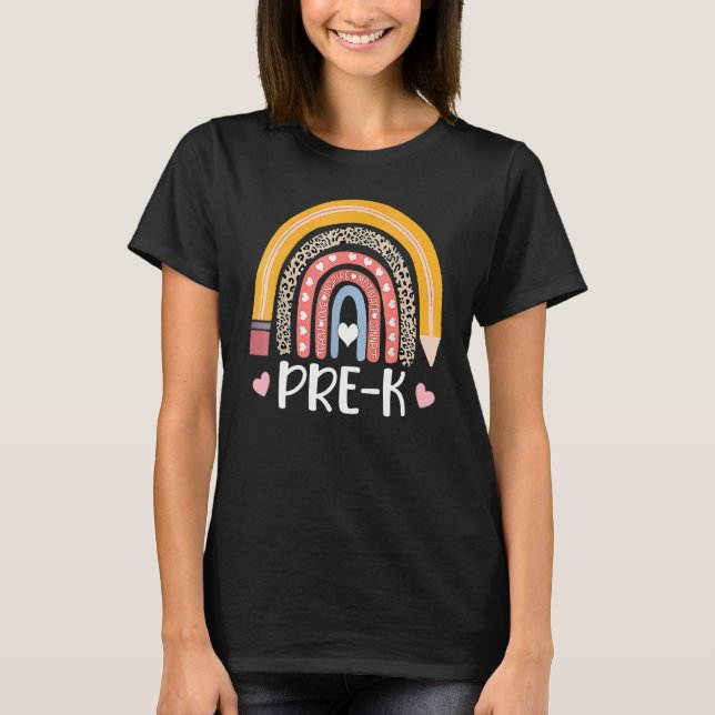 Camiseta Pré-K Boho Rainbow Leopard Professora De Volta Par (Frente)