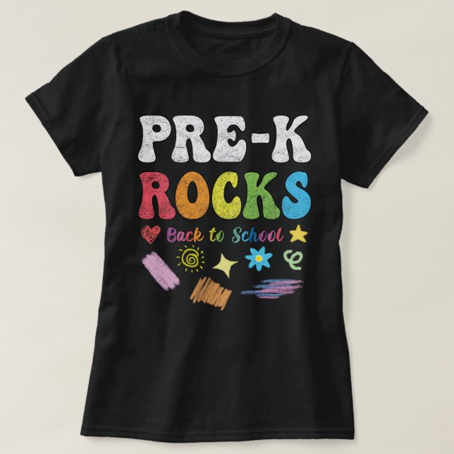 Camiseta Pré-k Rocks de volta à escola Professora e Estudan (Frente do Design)