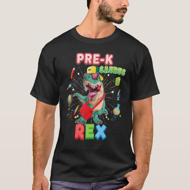 Camiseta Pré K Saurus Dinossaur Rex De Volta Para O Garoto  (Frente)