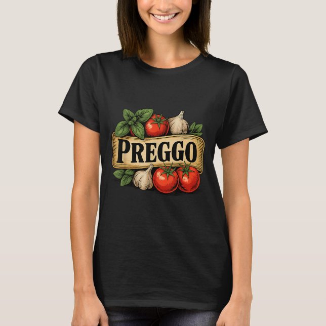 Camiseta Preggo Costume Pregnancy Announcement Prego Pasta  (Frente)