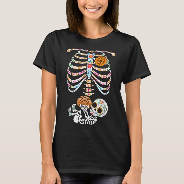 Camiseta Pregnancy Skeleton Dia De Los Muertos Mexican Bell (Frente)