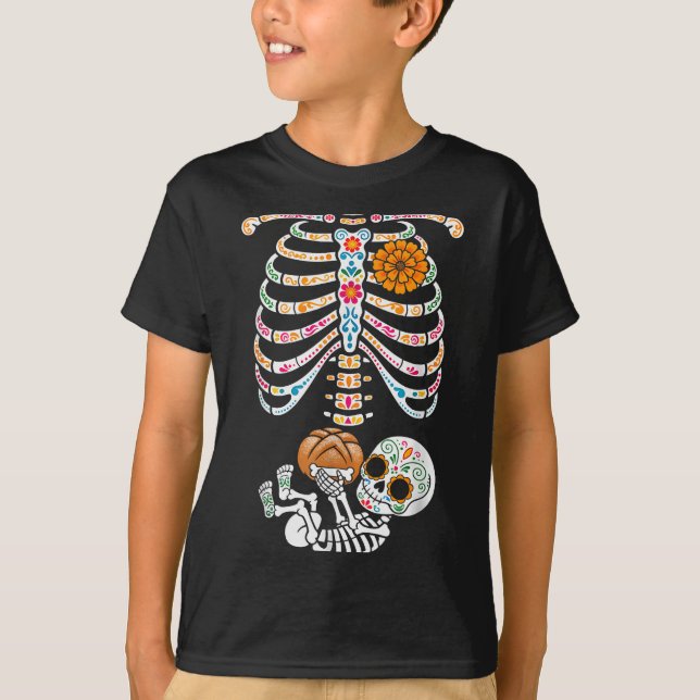 Camiseta Pregnancy Skeleton Dia De Los Muertos Mexican Bell (Frente)