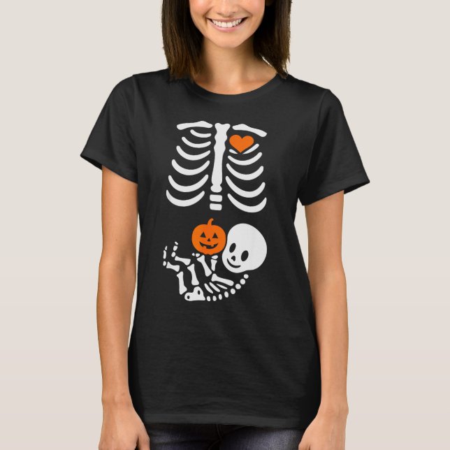 Camiseta Pregnant Skeleton Baby Bump Funny Halloween Tee  (Frente)